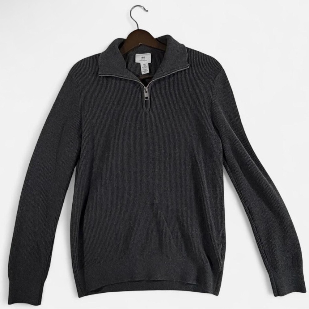 H&M Slim Fit Charcoal Quarter Zip Knitted Sweater Size Small